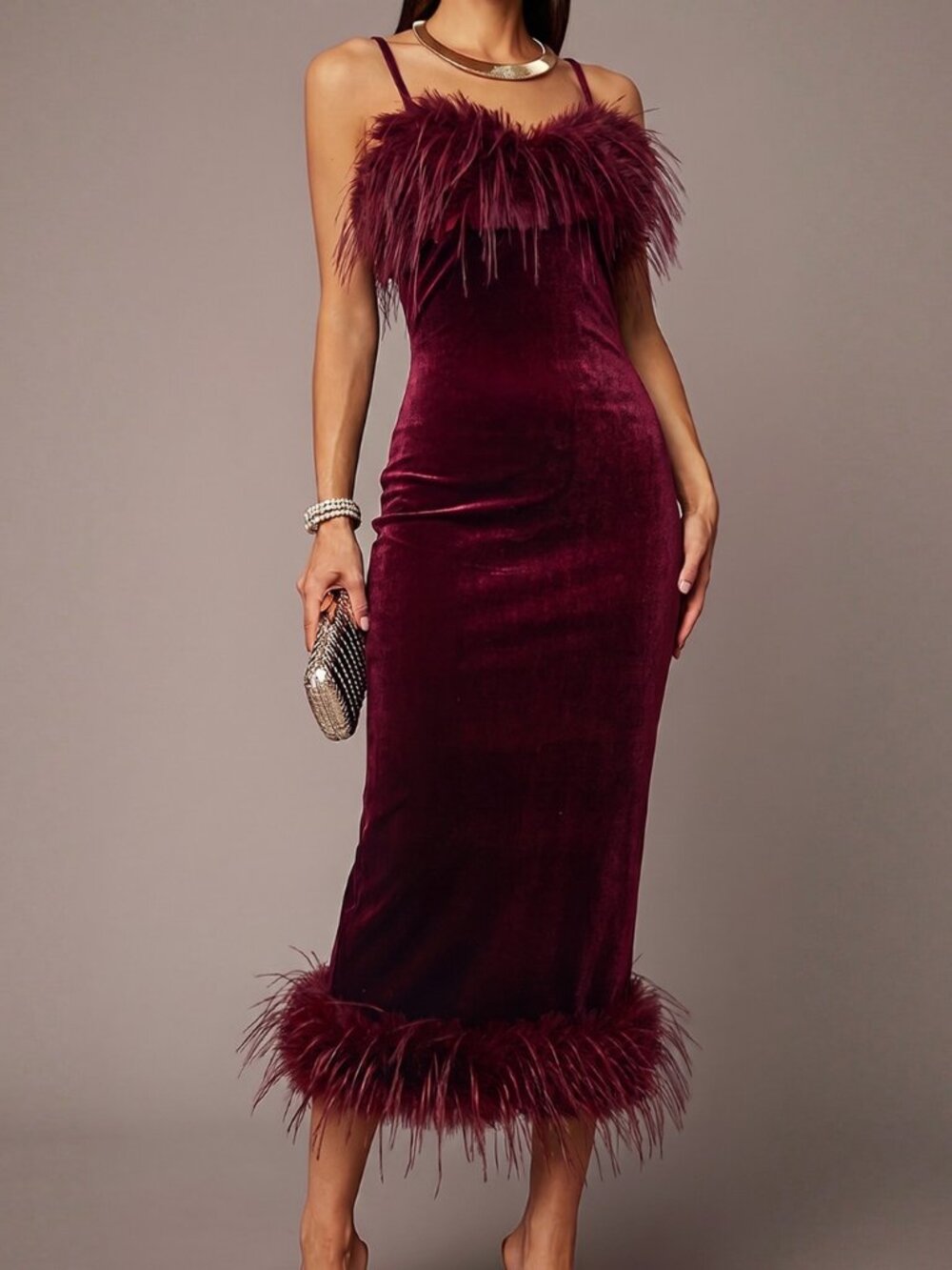 Burgundy Fitted Velvet Midi Dress With Feather Trim